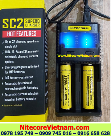 Nitecore SC2 (Bộ sạc Nitecore SC2 kèm sẳn 02 pin SẠC 18650 NITECORE NL1835HP 3500mAh lithium 3.7v) chính hãng